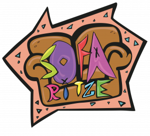 Sofaritze - Logo "Braunes Sofa vor rosa Hintergrund mit buntem Schriftzug SOFARITZE"